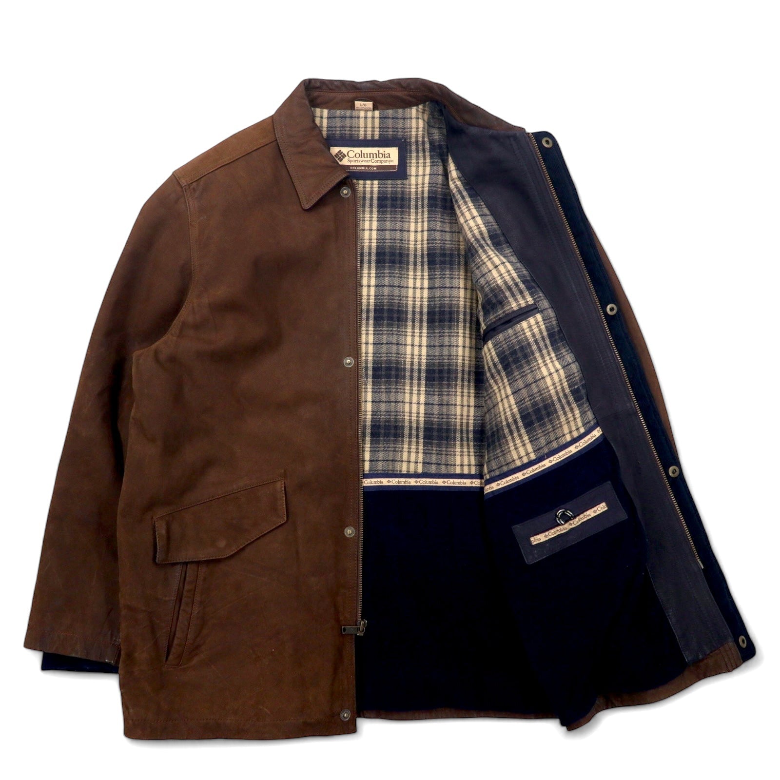 Columbia Anni '90 Giacca in pelle Car Coat L Marrone Fodera a quadri Prodotto in Pakistan