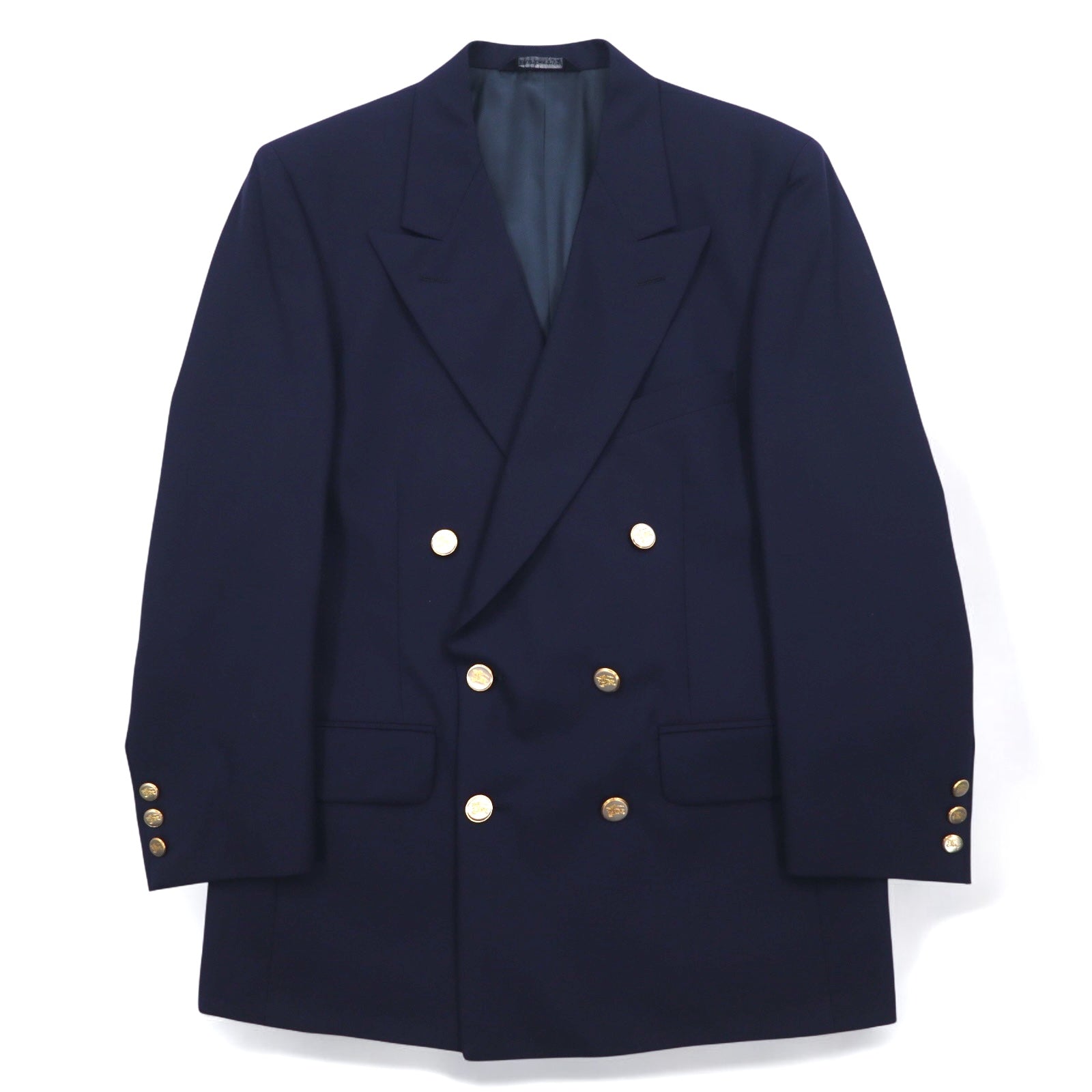 Burberry's USA Blazer doppiopetto in lana Super 100's, blu navy, taglia L, con etichetta ACTWU, bottoni dorati e revers a punta.
