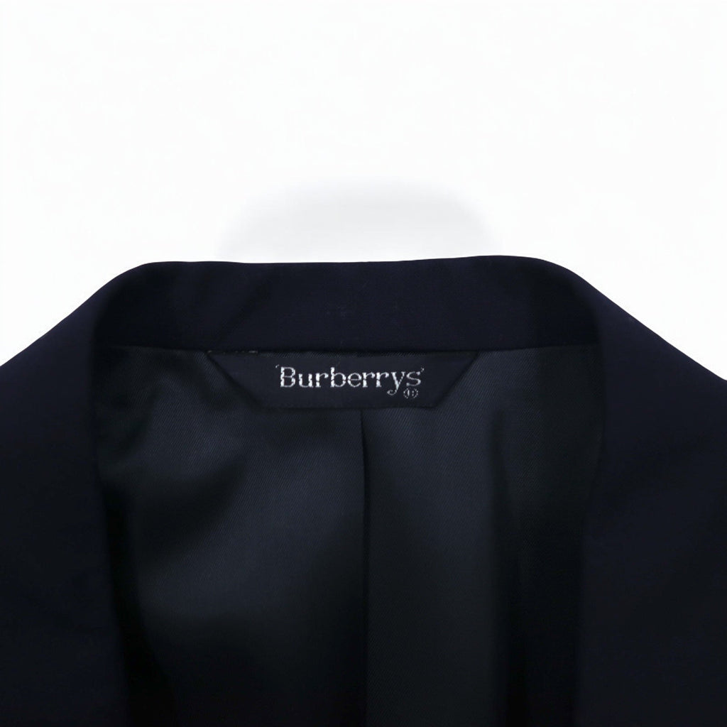 Burberry's USA Blazer doppiopetto in lana Super 100's, blu navy, taglia L, con etichetta ACTWU, bottoni dorati e revers a punta.