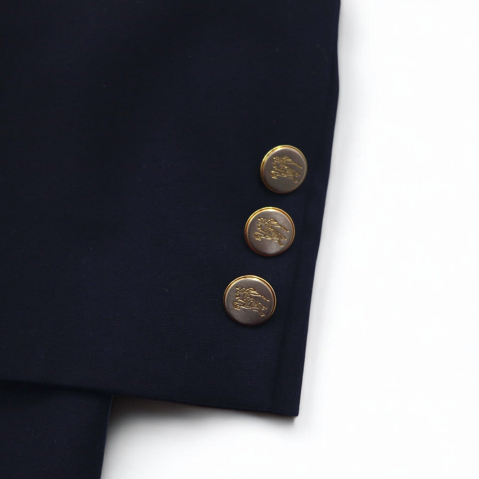 Burberry's USA Blazer doppiopetto in lana Super 100's, blu navy, taglia L, con etichetta ACTWU, bottoni dorati e revers a punta.