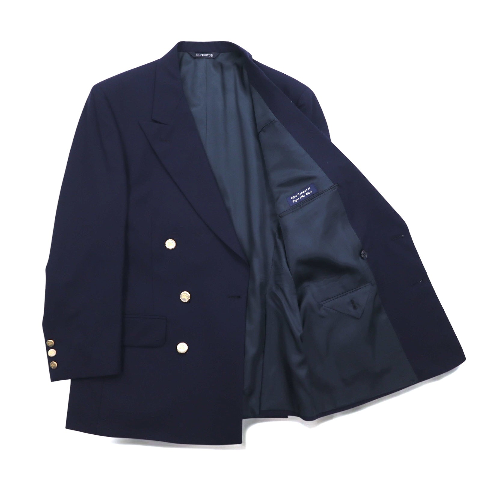 Burberry's USA Blazer doppiopetto in lana Super 100's, blu navy, taglia L, con etichetta ACTWU, bottoni dorati e revers a punta.