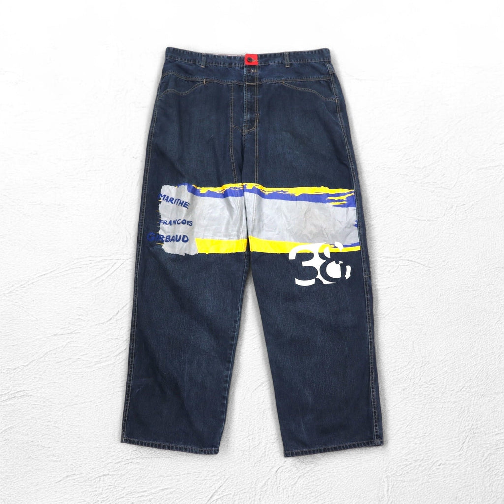 MARITHE + FRANCOIS GIRBAUD Pantaloni larghi in denim baggy XL Indigo Blu con design a vernice