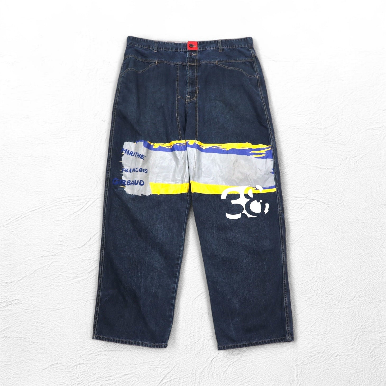 MARITHE + FRANCOIS GIRBAUD Pantaloni larghi in denim baggy XL Indigo Blu con design a vernice
