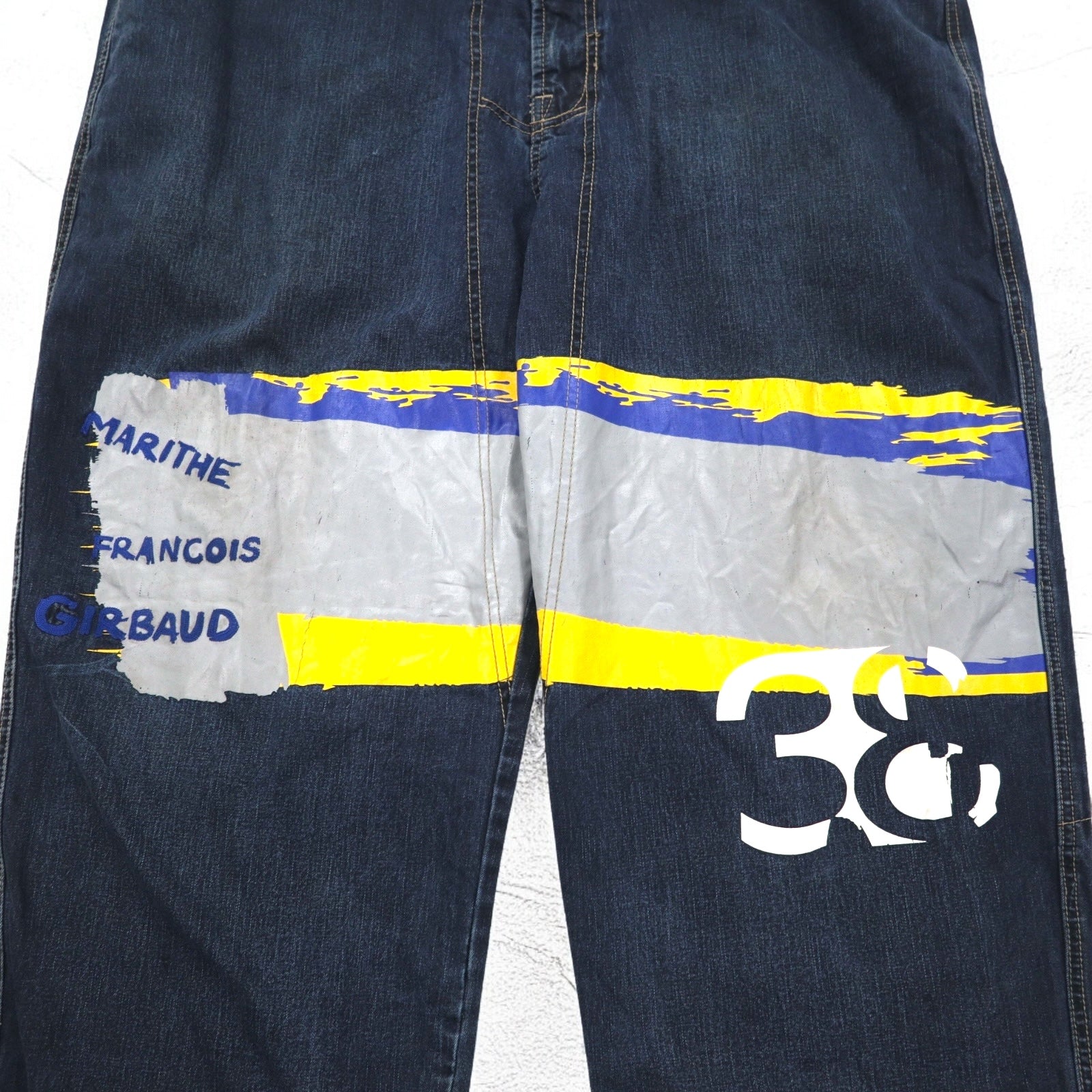 MARITHE + FRANCOIS GIRBAUD Pantaloni larghi in denim baggy XL Indigo Blu con design a vernice