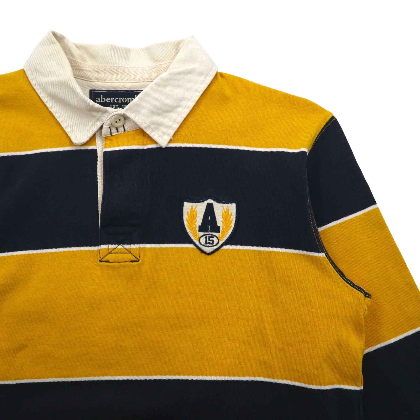 abercrombie Polo rugby a righe anni '90, taglia M, giallo navy, con numero e patch