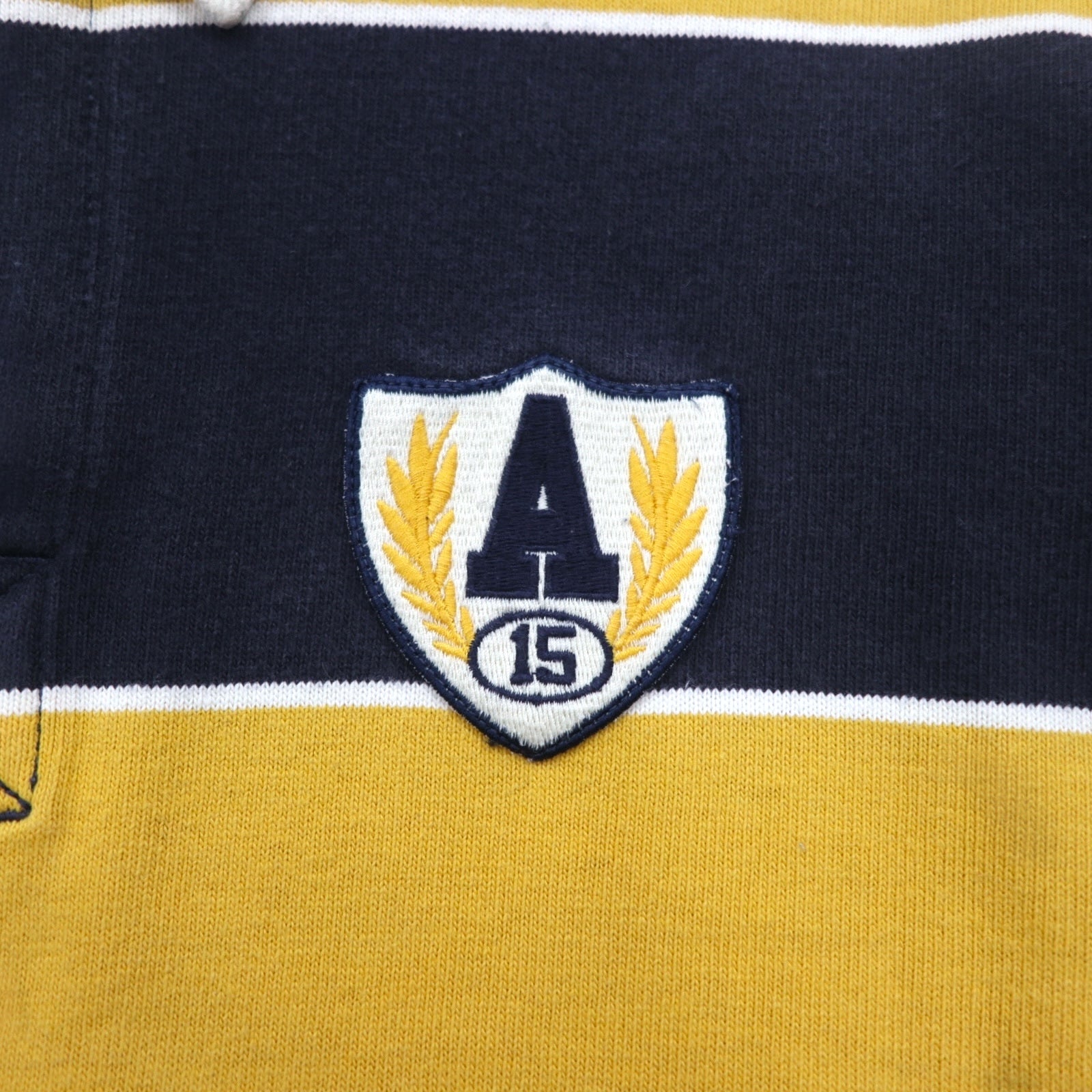abercrombie Polo rugby a righe anni '90, taglia M, giallo navy, con numero e patch