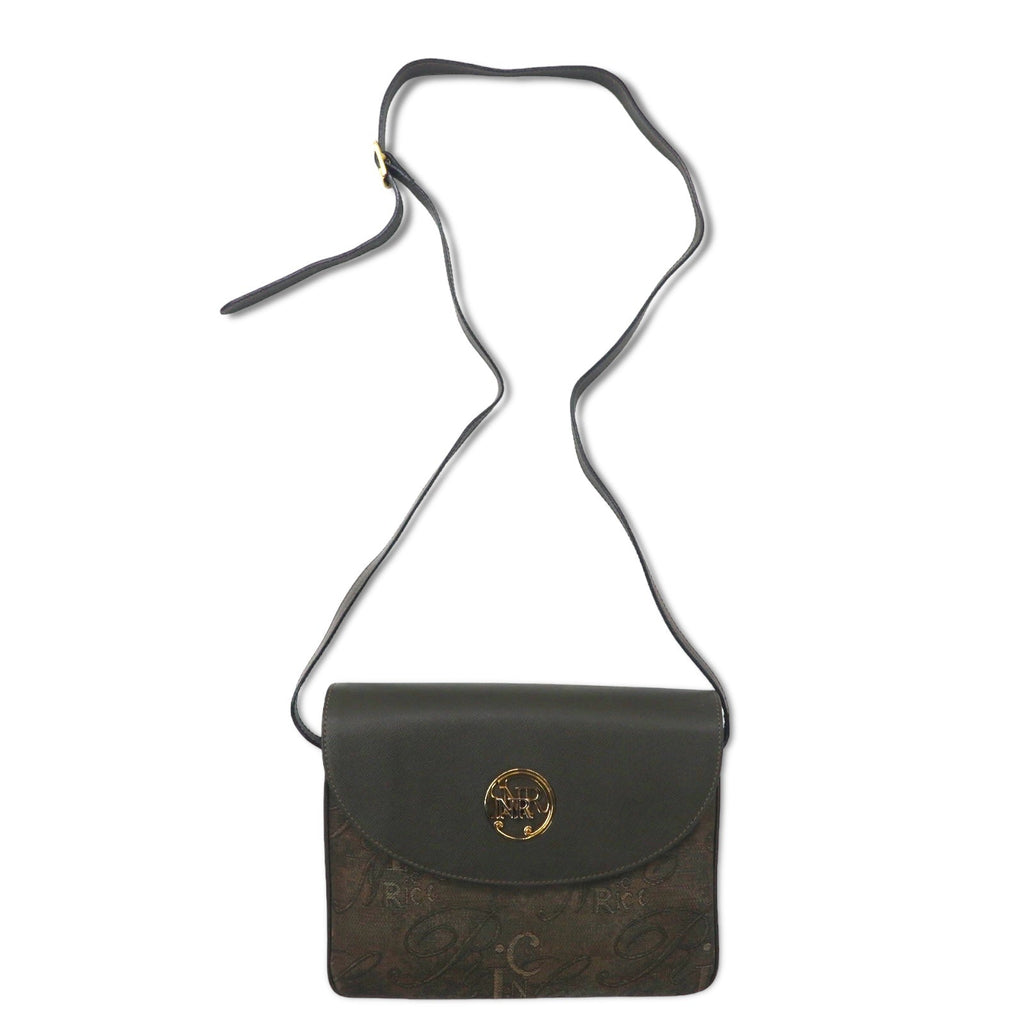 NINA RICH Borsa a tracolla retrò, made in Italy, color kaki, in PVC jacquard con logo all-over