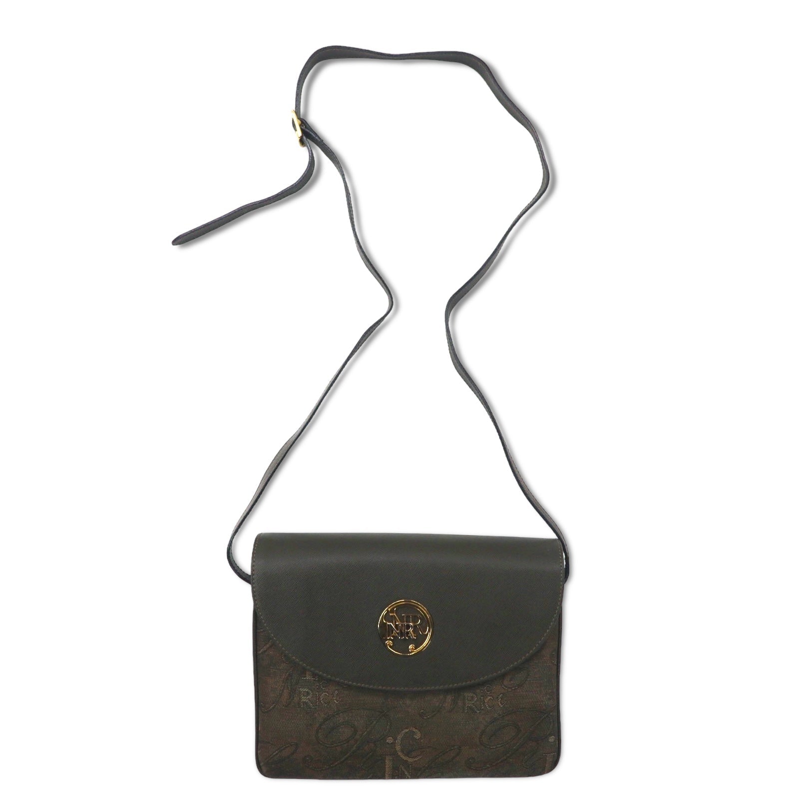 NINA RICH Borsa a tracolla retrò, made in Italy, color kaki, in PVC jacquard con logo all-over