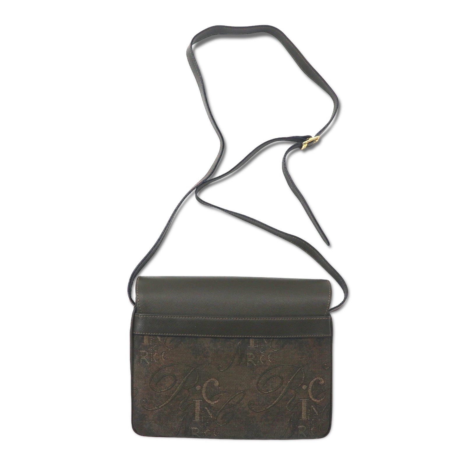 NINA RICH Borsa a tracolla retrò, made in Italy, color kaki, in PVC jacquard con logo all-over