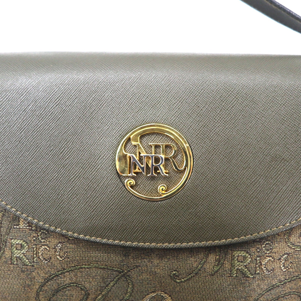 NINA RICH Borsa a tracolla retrò, made in Italy, color kaki, in PVC jacquard con logo all-over