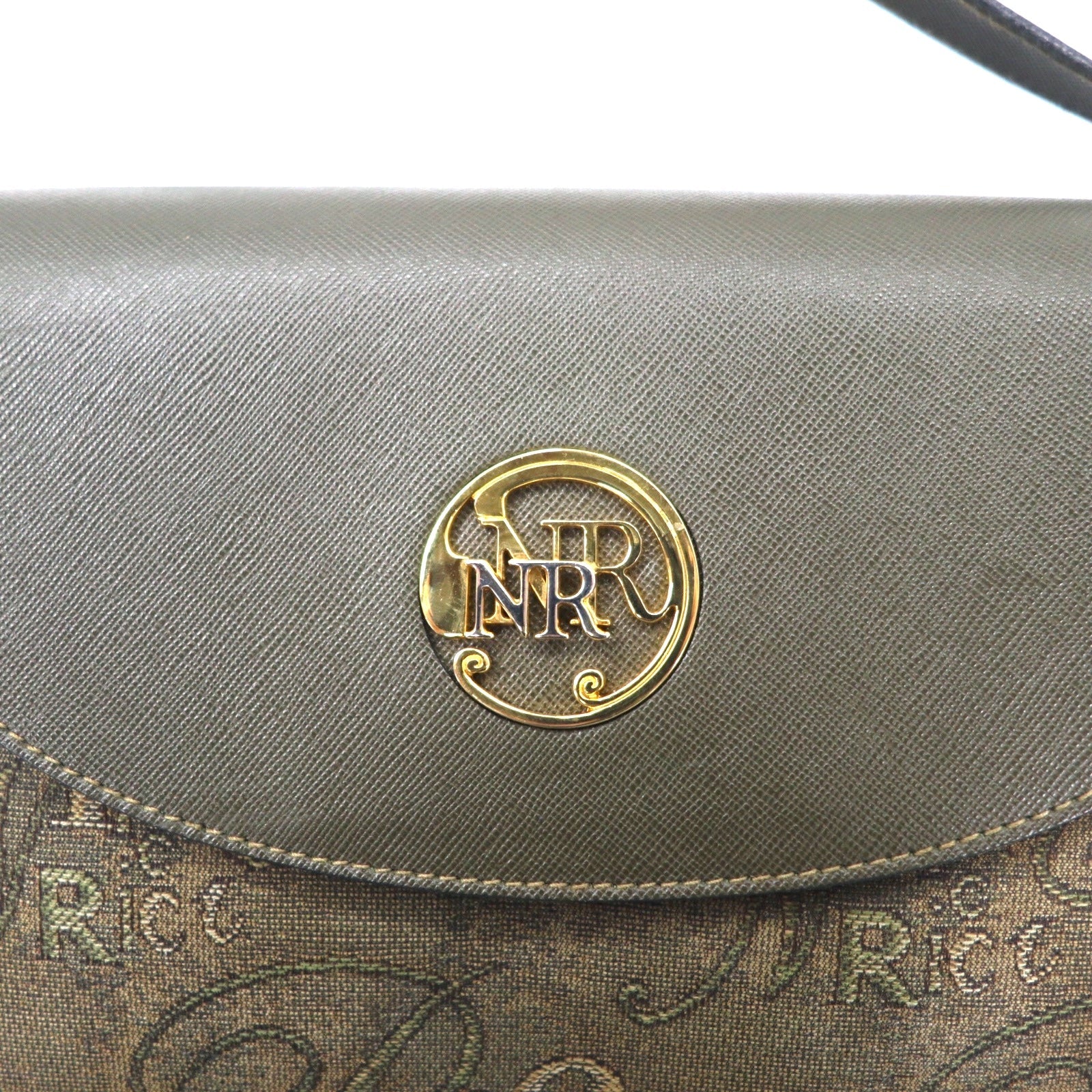 NINA RICH Borsa a tracolla retrò, made in Italy, color kaki, in PVC jacquard con logo all-over