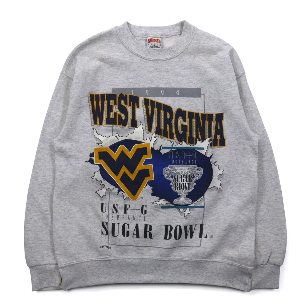 USA, anni '90, NUTMEG MILLS, felpa stampata college, M, grigio, interno felpato, WEST VIRGINIA