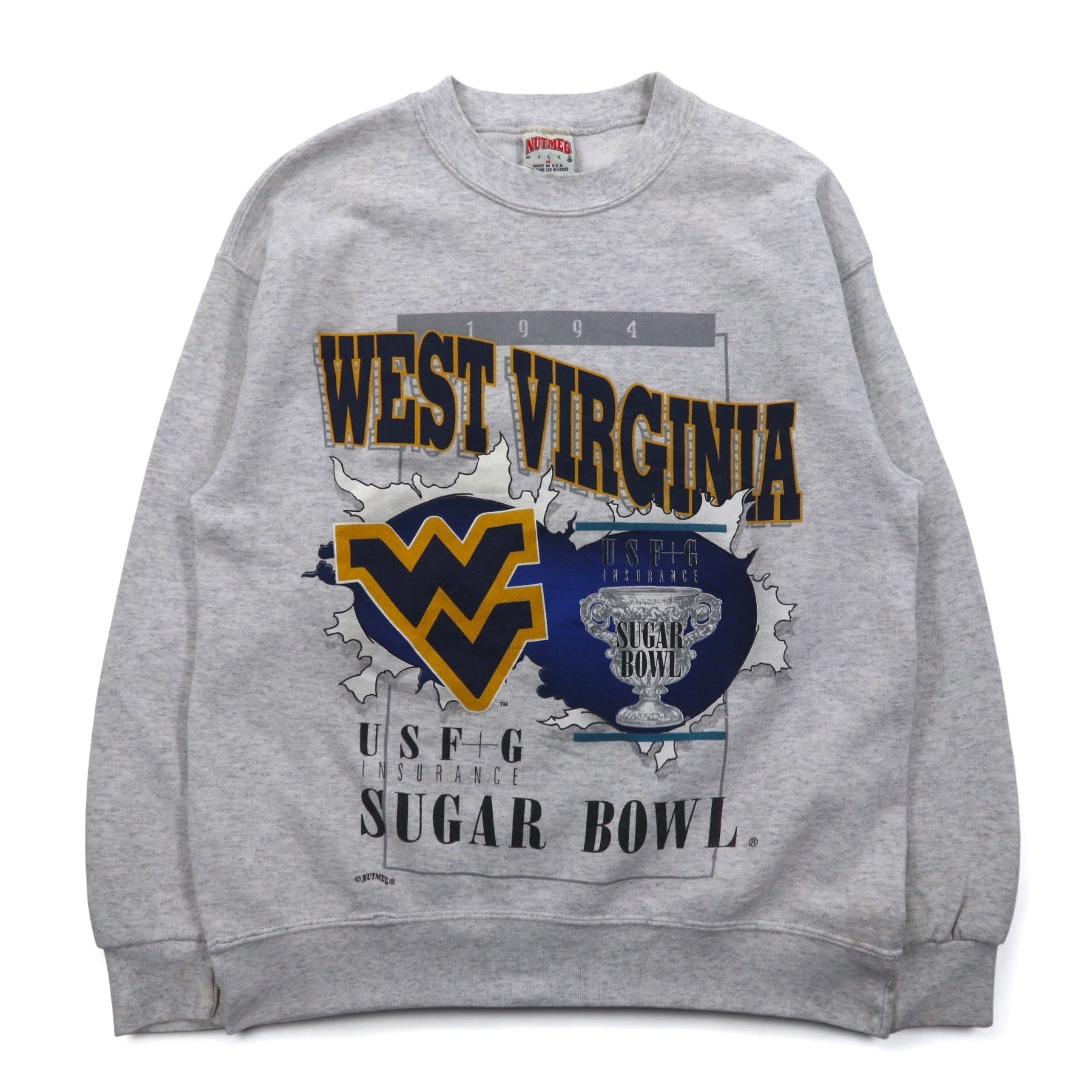 USA, anni '90, NUTMEG MILLS, felpa stampata college, M, grigio, interno felpato, WEST VIRGINIA