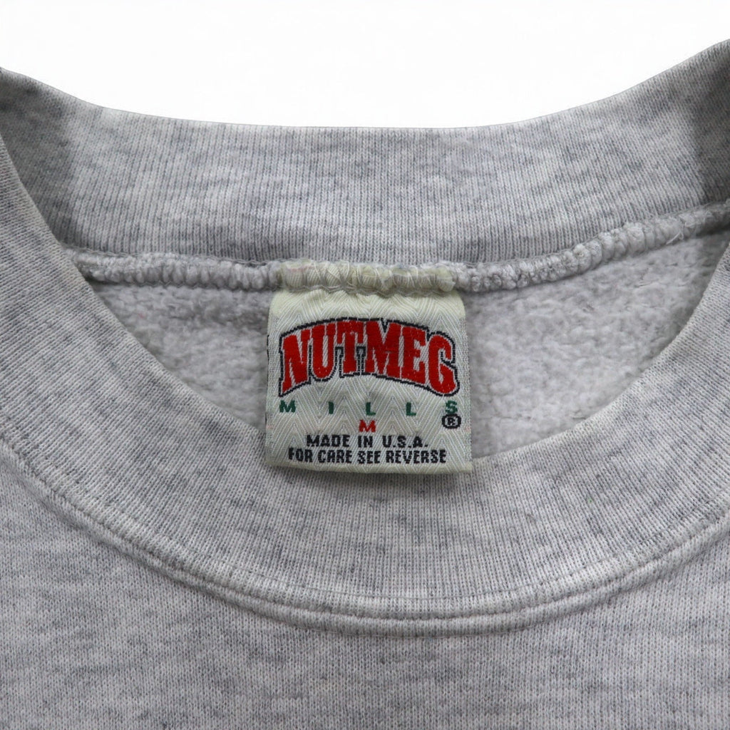 USA, anni '90, NUTMEG MILLS, felpa stampata college, M, grigio, interno felpato, WEST VIRGINIA
