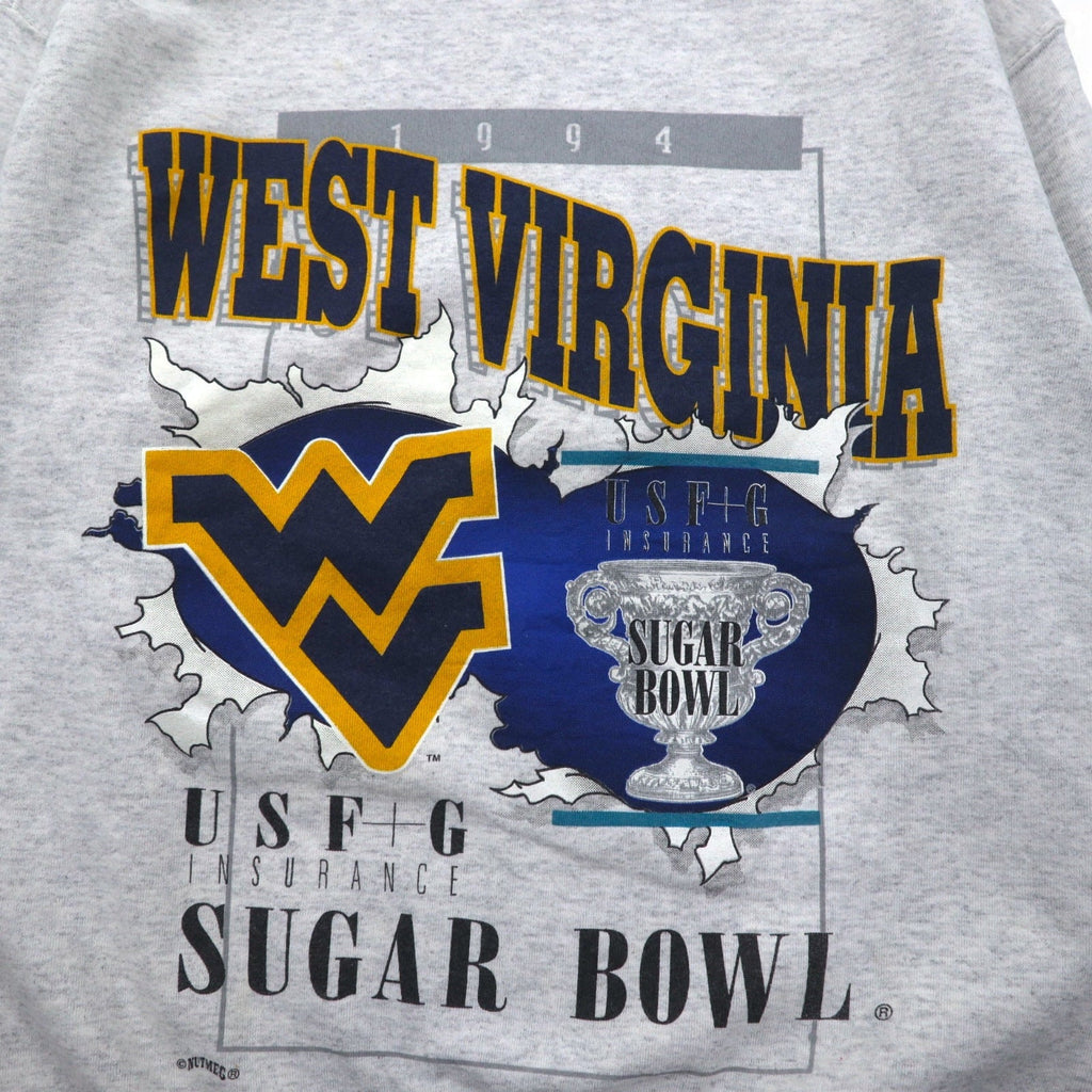 USA, anni '90, NUTMEG MILLS, felpa stampata college, M, grigio, interno felpato, WEST VIRGINIA