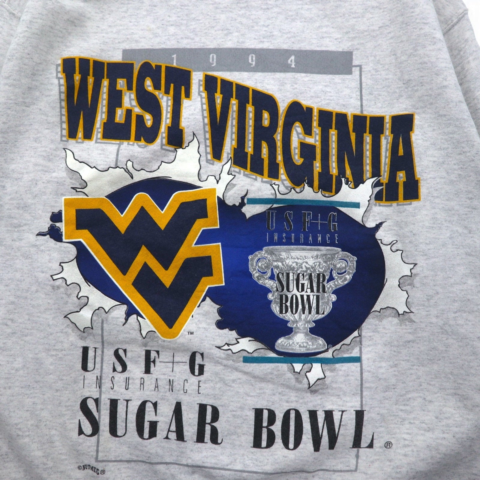 USA, anni '90, NUTMEG MILLS, felpa stampata college, M, grigio, interno felpato, WEST VIRGINIA