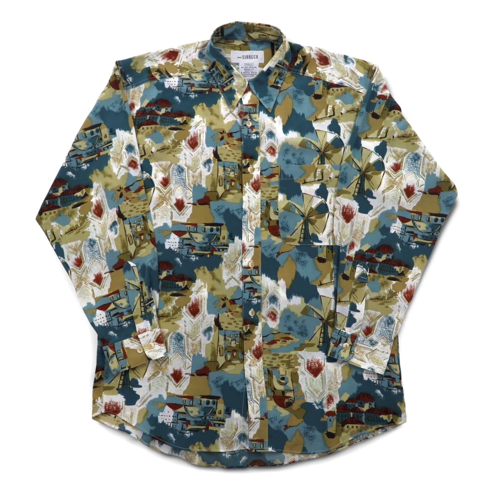 Vintage 90s Japan Made Retro Shirt mio SIROCCO ポリシャツ M マルチカラー 総柄 アート