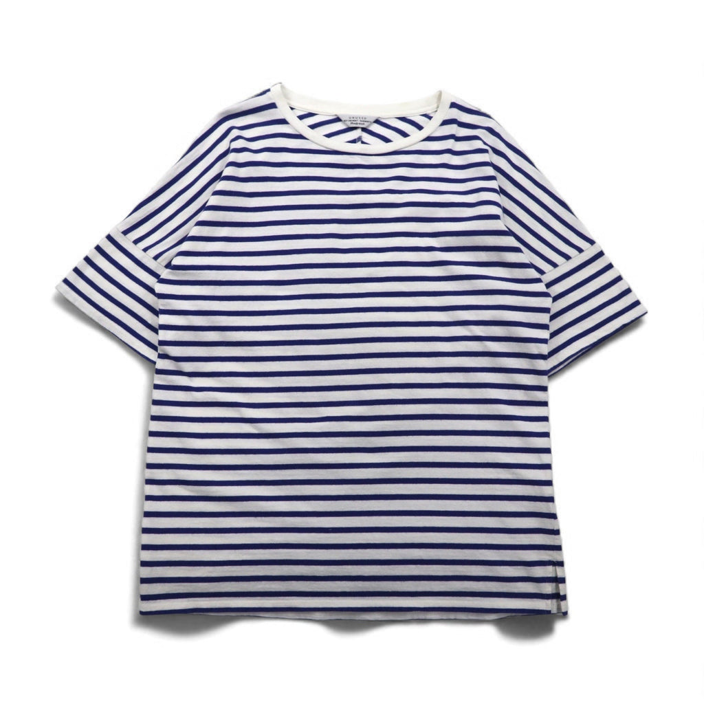 UNUSED T-shirt a righe L blu bianco cotone Made in Japan