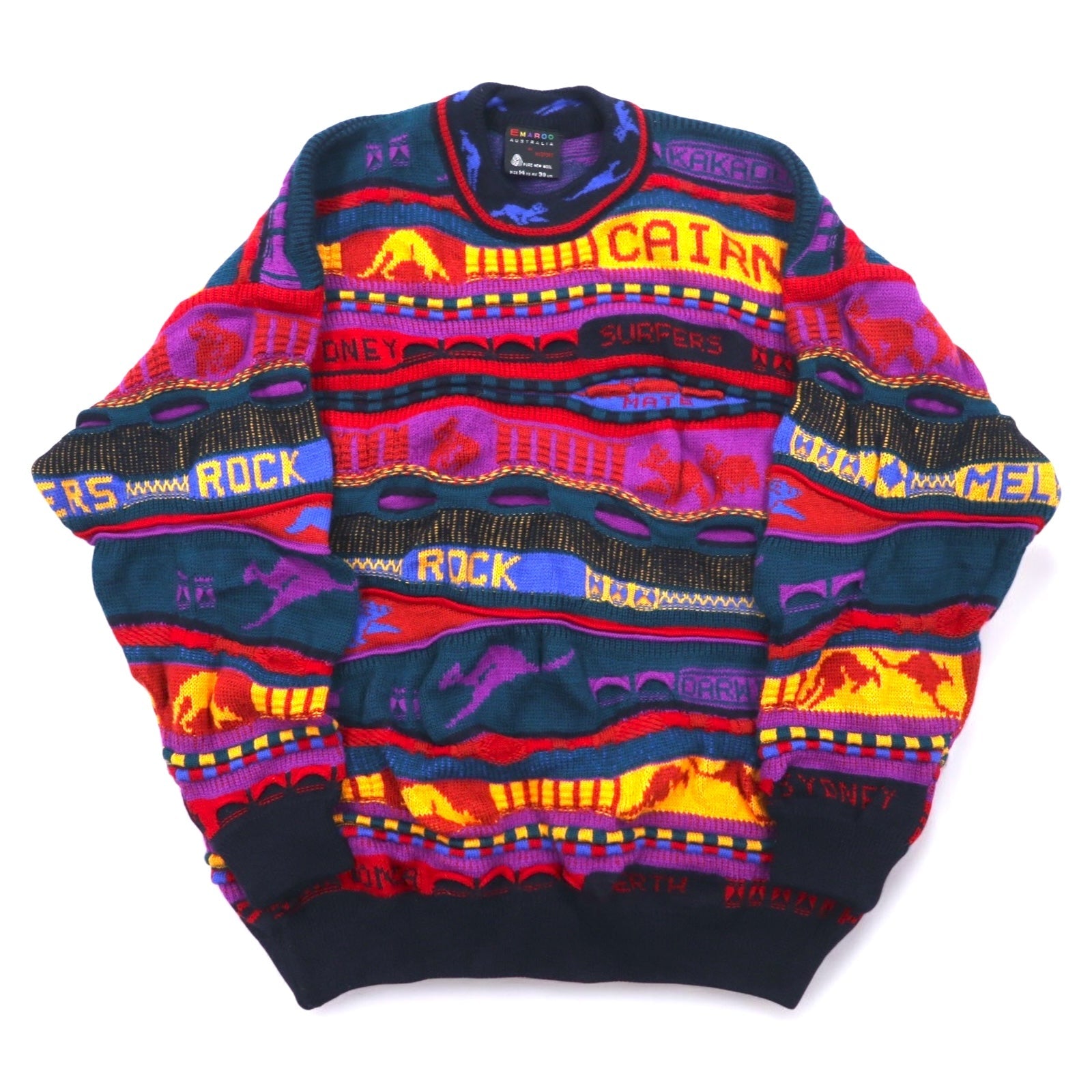 EMAROO AUSTRALIA anni '90 maglione 3D in maglia S multicolore lana fantasia HYSPORT