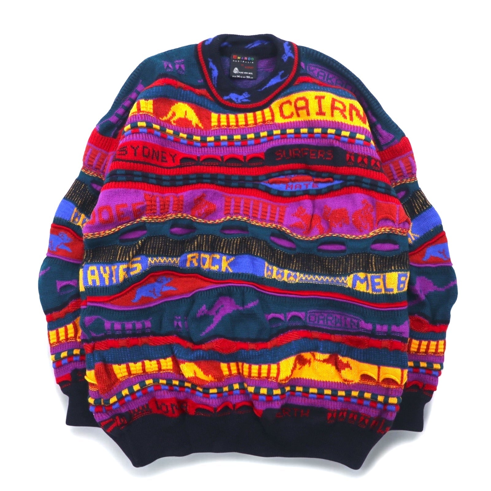 EMAROO AUSTRALIA anni '90 maglione 3D in maglia S multicolore lana fantasia HYSPORT