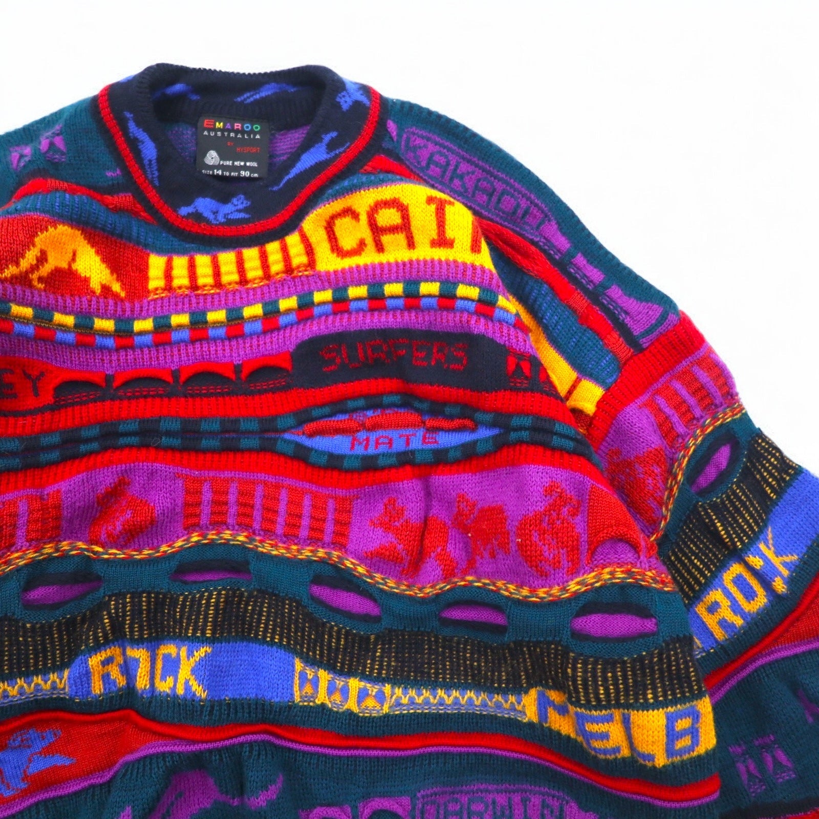 EMAROO AUSTRALIA anni '90 maglione 3D in maglia S multicolore lana fantasia HYSPORT