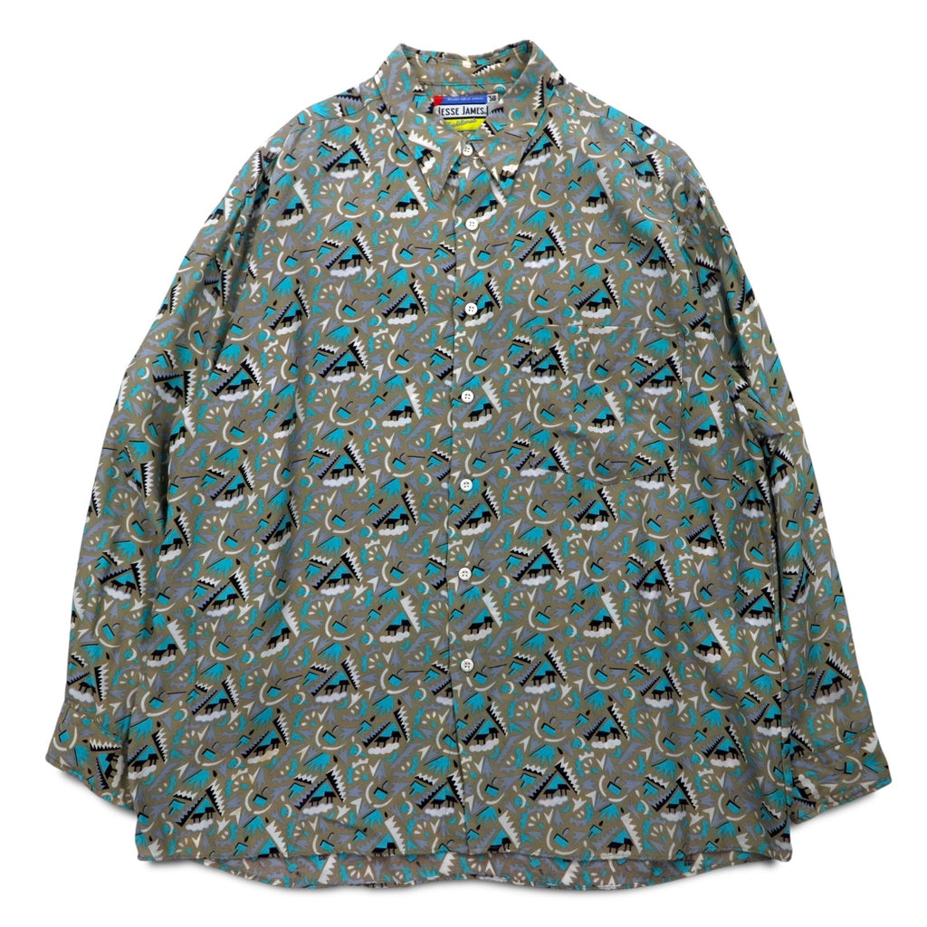 Vintage 90s Retro Shirt JESSE JAMES 総柄 シャツ L グレー キュプラ 胸ポケット