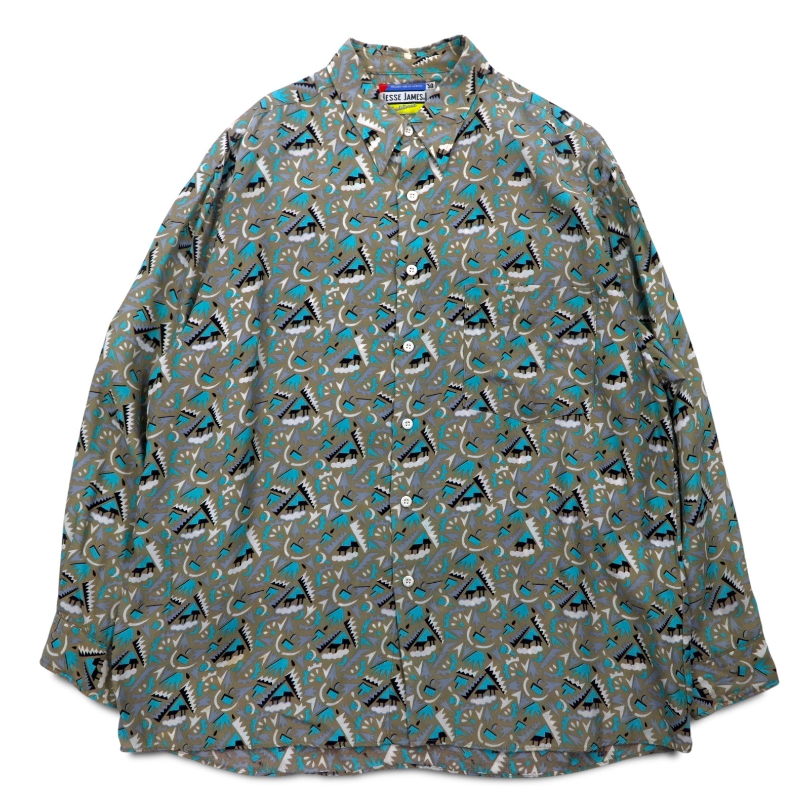 Vintage 90s Retro Shirt JESSE JAMES 総柄 シャツ L グレー キュプラ 胸ポケット