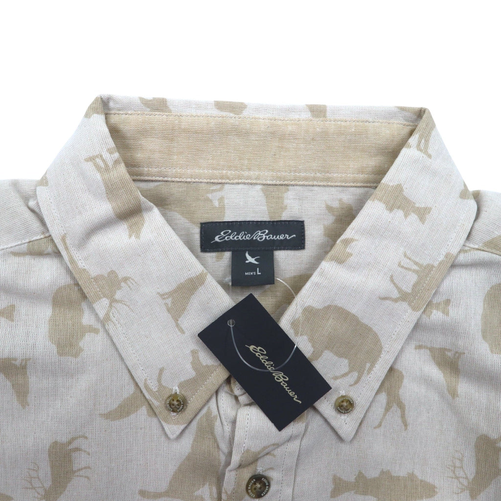 Camicia button-down Eddie Bauer taglia L, beige, cotone, fantasia animalier, nuova con cartellino.