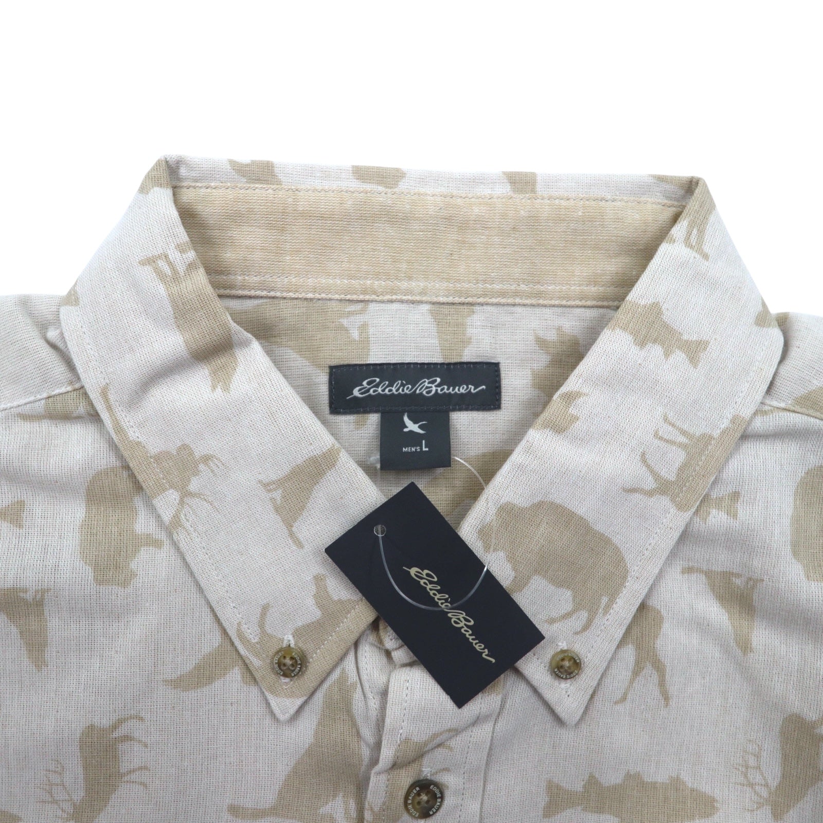 Camicia button-down Eddie Bauer taglia L, beige, cotone, fantasia animalier, nuova con cartellino.