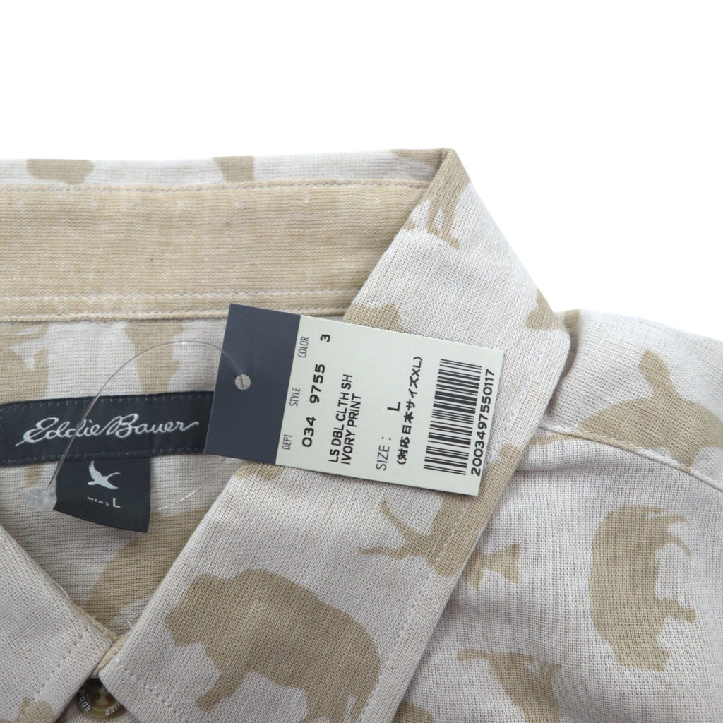 Camicia button-down Eddie Bauer taglia L, beige, cotone, fantasia animalier, nuova con cartellino.