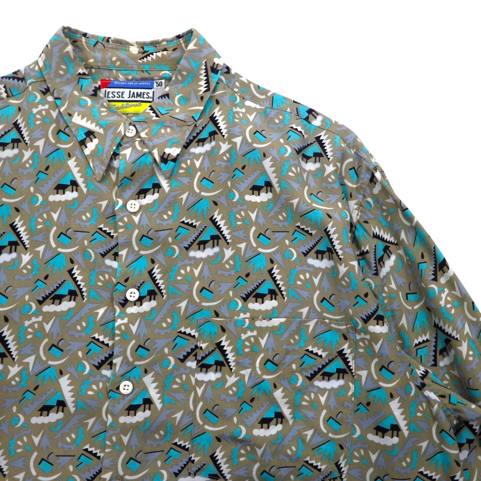 Camicia vintage anni '90, JESSE JAMES, fantasia all-over, taglia L, grigia, cupro, taschino sul petto