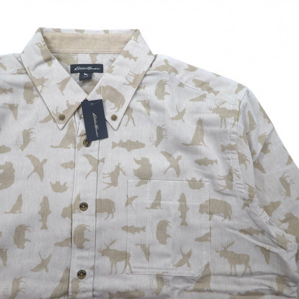 Camicia button-down Eddie Bauer taglia L, beige, cotone, fantasia animalier, nuova con cartellino.