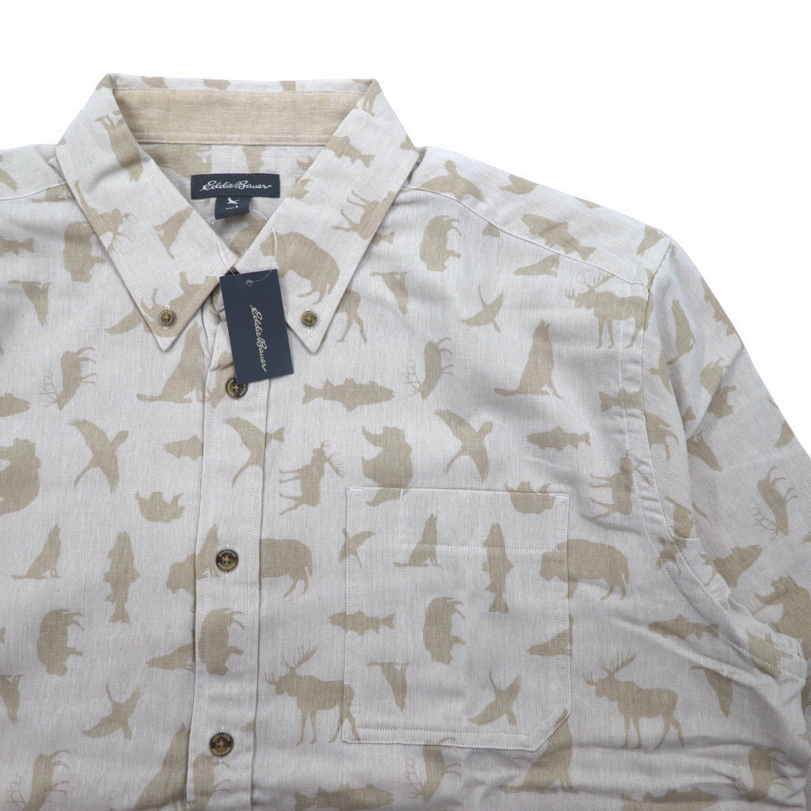 Camicia button-down Eddie Bauer taglia L, beige, cotone, fantasia animalier, nuova con cartellino.