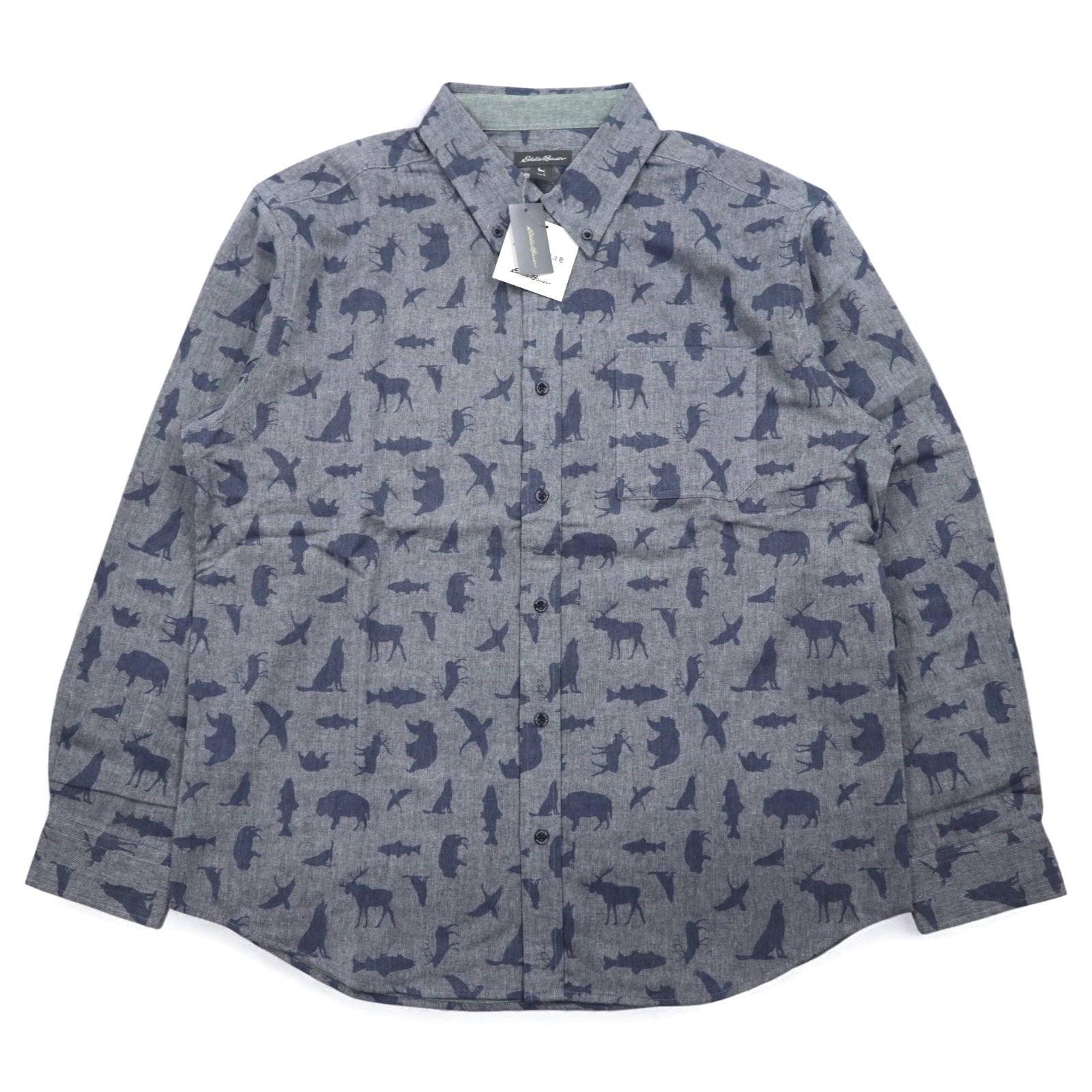 Eddie Bauer Camicia button-down L blu navy cotone fantasia animale Prodotto inutilizzato