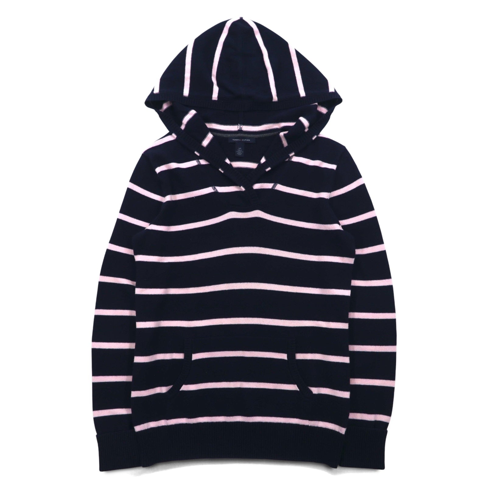 TOMMY HILFIGER コットン ニット パーカー S ネイビー ボーダー エルボーパッチ フロントポケット