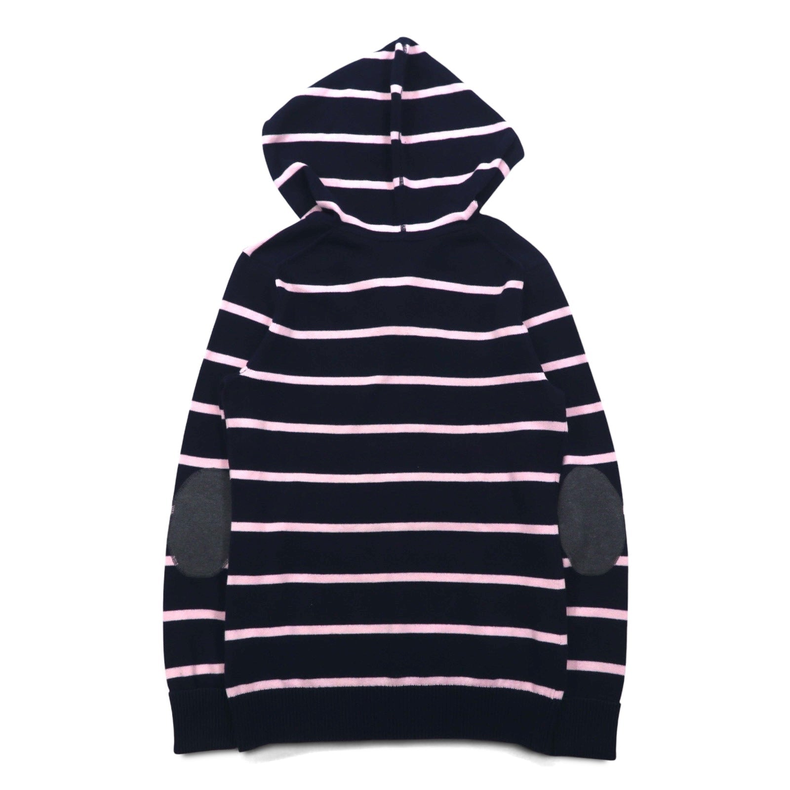 TOMMY HILFIGER Maglione in cotone con cappuccio, taglia S, blu navy a righe, toppe sui gomiti, tasche frontali