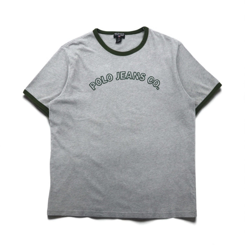 POLO JEANS Co. RALPH LAUREN T-shirt girocollo anni '90 con logo ad arco taglia XL grigio ricamo punto catenella cotone
