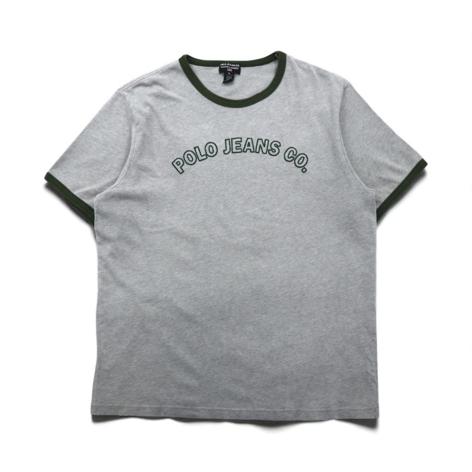 POLO JEANS Co. RALPH LAUREN T-shirt girocollo anni '90 con logo ad arco taglia XL grigio ricamo punto catenella cotone