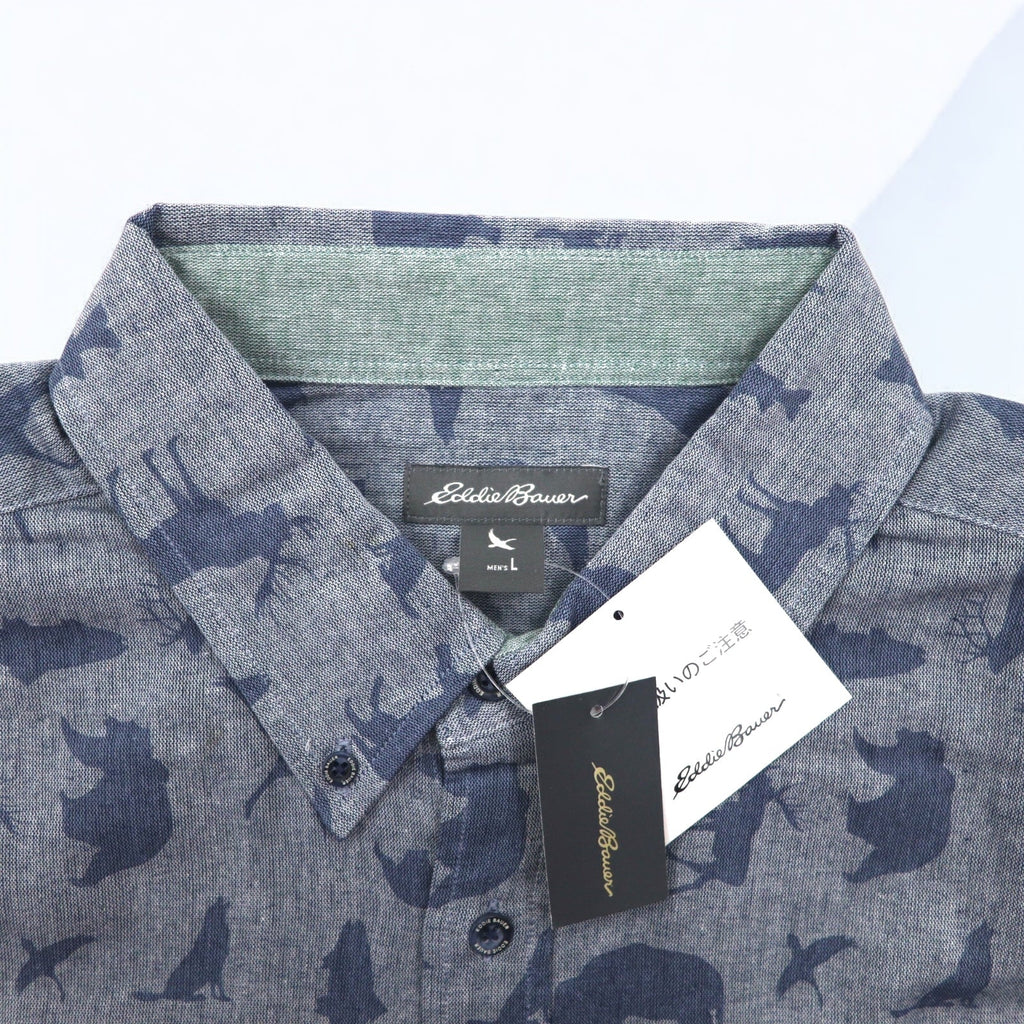 Eddie Bauer Camicia button-down L blu navy cotone fantasia animale Prodotto inutilizzato