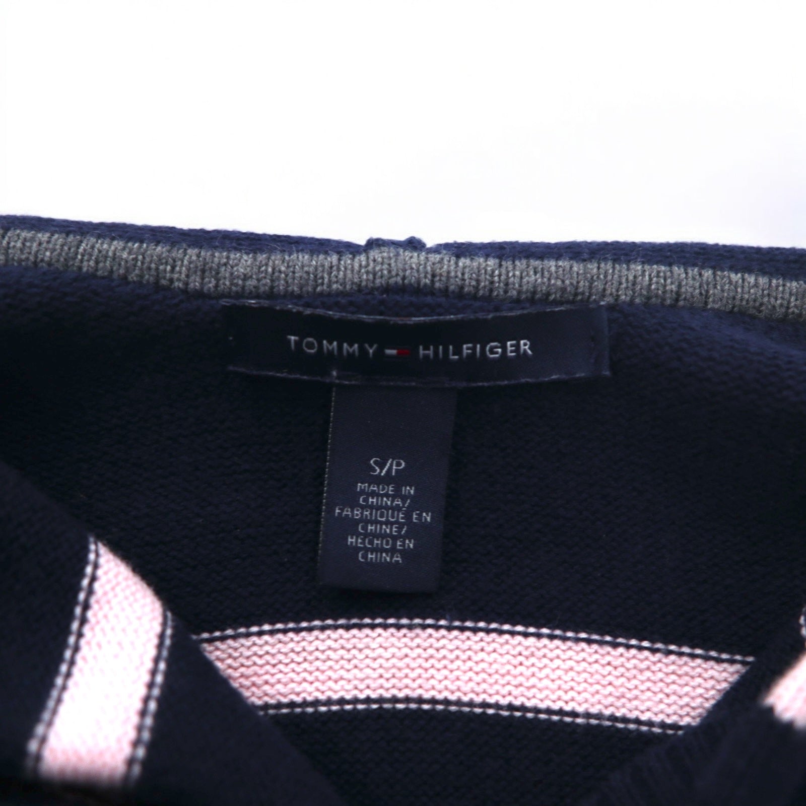 TOMMY HILFIGER Maglione in cotone con cappuccio, taglia S, blu navy a righe, toppe sui gomiti, tasche frontali
