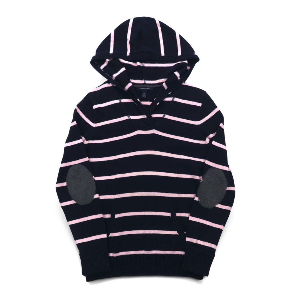 TOMMY HILFIGER コットン ニット パーカー S ネイビー ボーダー エルボーパッチ フロントポケット