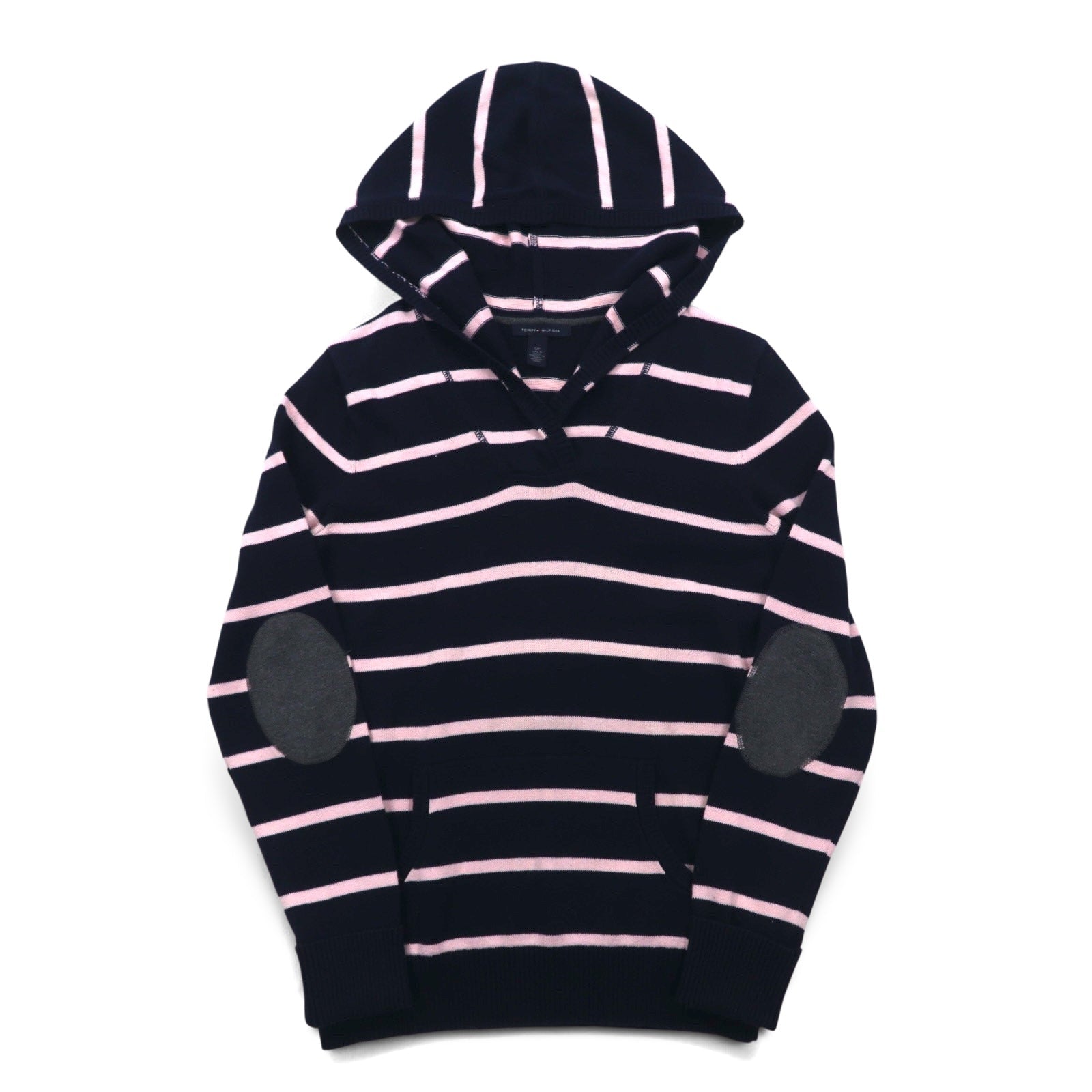 TOMMY HILFIGER コットン ニット パーカー S ネイビー ボーダー エルボーパッチ フロントポケット