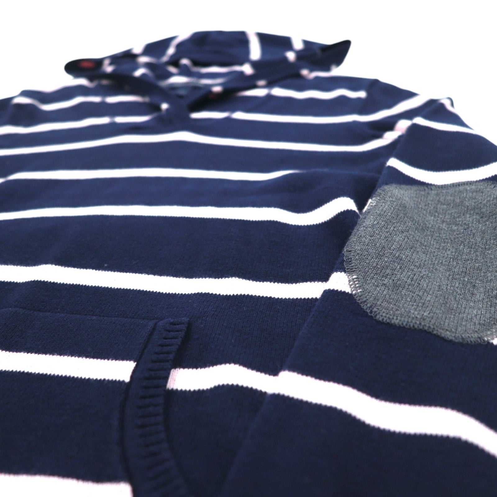 TOMMY HILFIGER Maglione in cotone con cappuccio, taglia S, blu navy a righe, toppe sui gomiti, tasche frontali