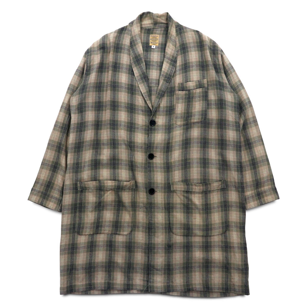 Sunday Works USA Made Gown Coat S Khaki Plaid Cotton UNION MADE