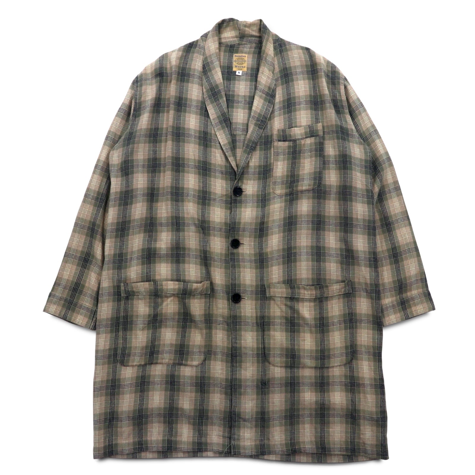 Sunday Works USA Made Gown Coat S Khaki Plaid Cotton UNION MADE