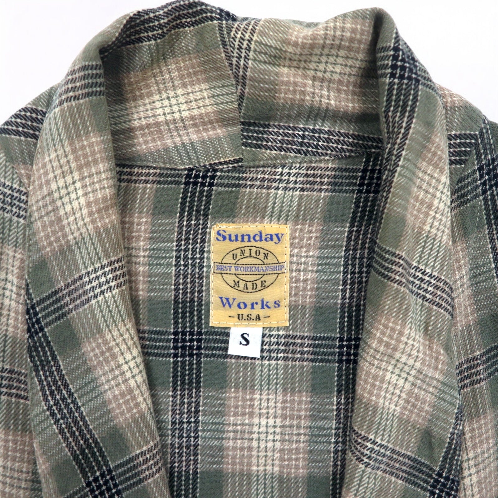 Sunday Works USA Made Gown Coat S Khaki Plaid Cotton UNION MADE