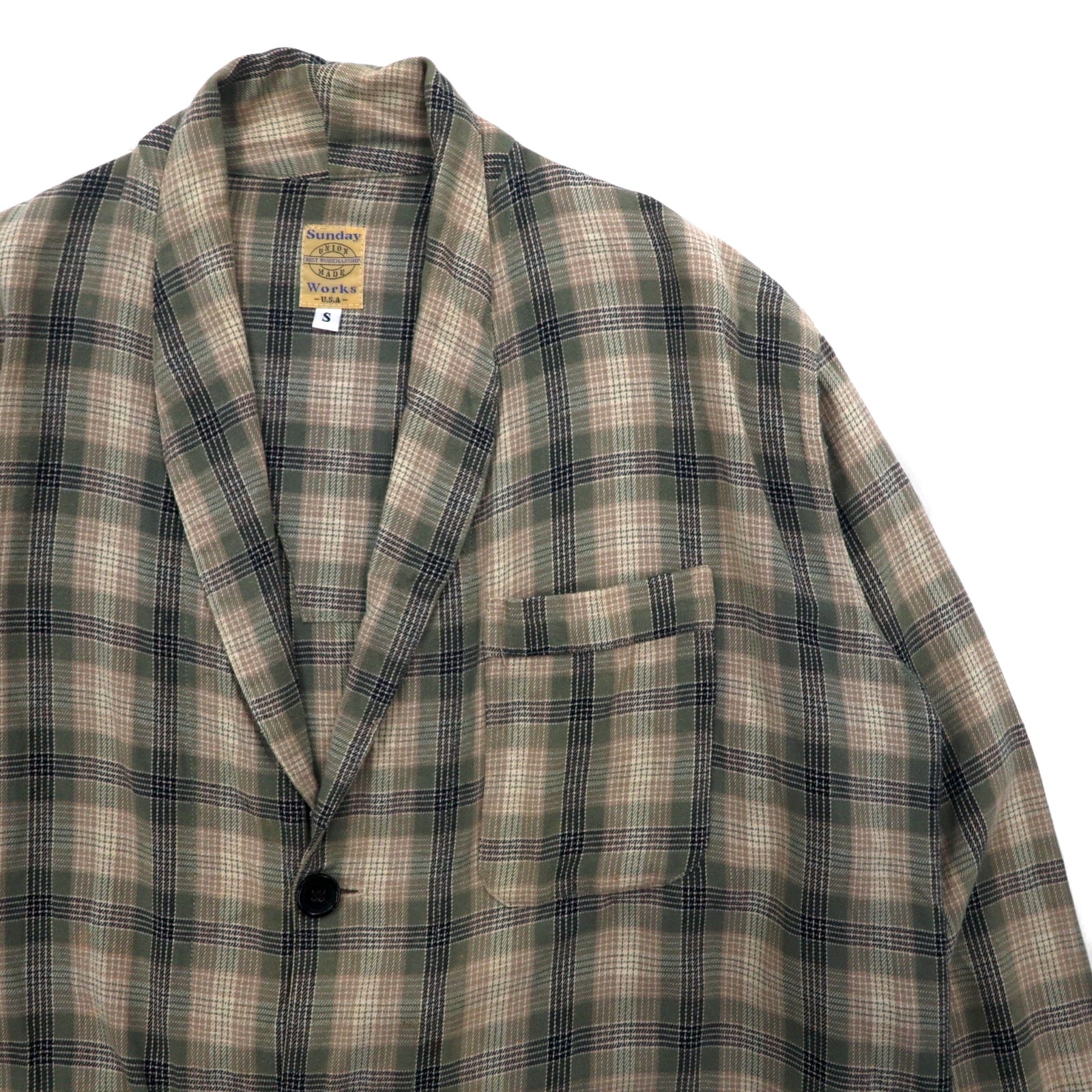 Sunday Works USA Made Gown Coat S Khaki Plaid Cotton UNION MADE