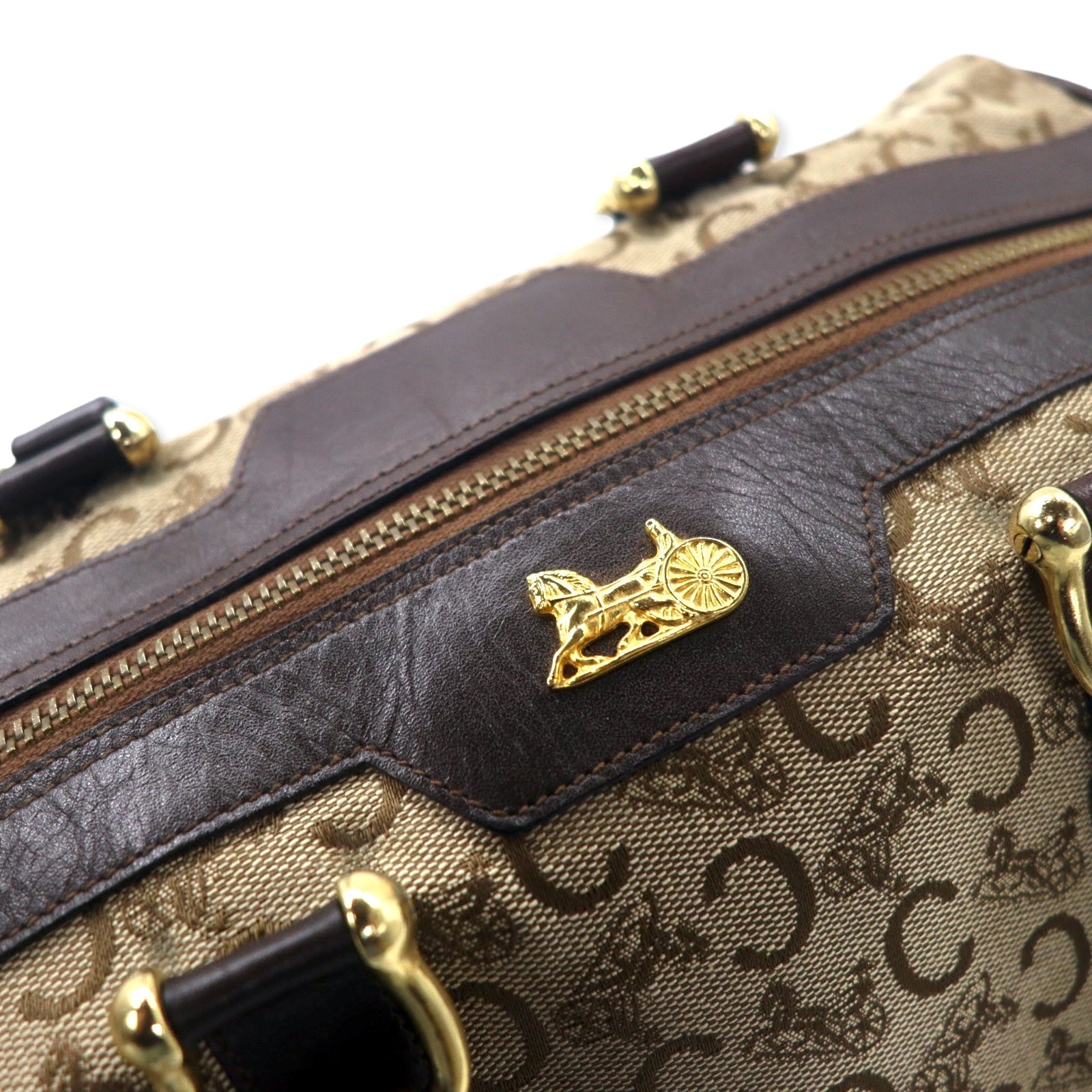CELINE Made in Italy Old C Macadam Mini Boston Bag Brown Canvas Leather Sulky Carriage
