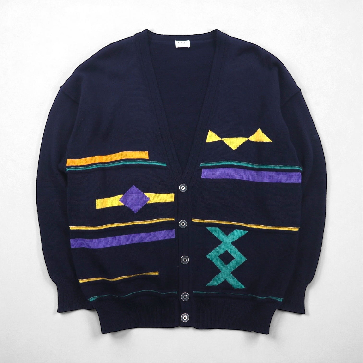 80s W.Germany Vintage Cardigan ニット カーディガン L ネイビー Vネック MARZ MUNCHEN 西ドイツ製 80年代