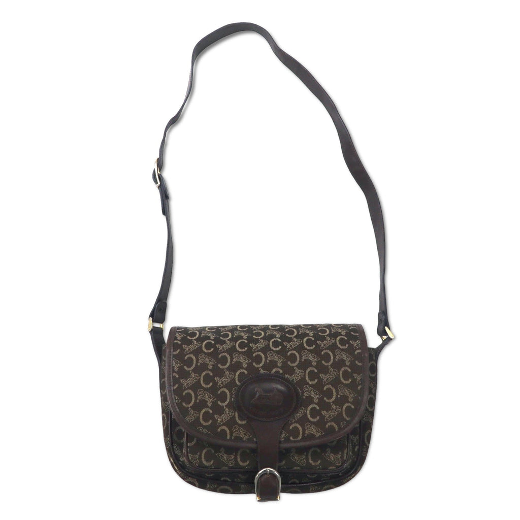 CELINE Borsa a tracolla in tela di pelle marrone con logo C Macadam vecchio modello, motivo a carrozza, Made in Italy